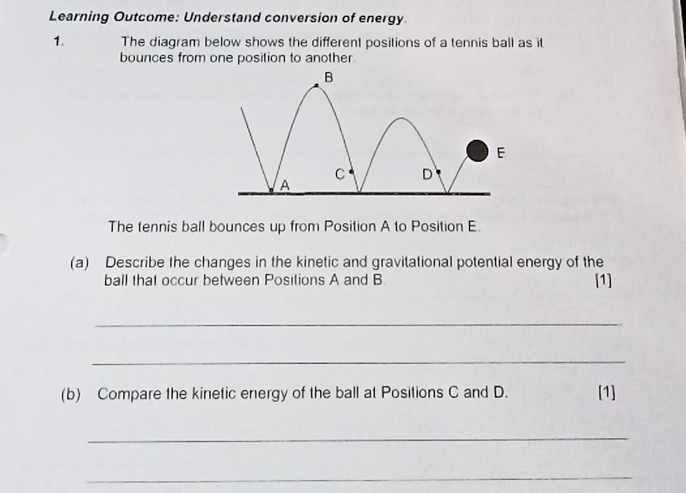 Learning Outcome: Understand conversion of energy 
1. The diagram below shows the different positions of a tennis ball as it 
bounces from one position to another 
The tennis ball bounces up from Position A to Position E. 
(a) Describe the changes in the kinetic and gravitational potential energy of the 
ball that occur between Positions A and B [1] 
_ 
_ 
(b) Compare the kinetic energy of the ball at Positions C and D. [1] 
_ 
_