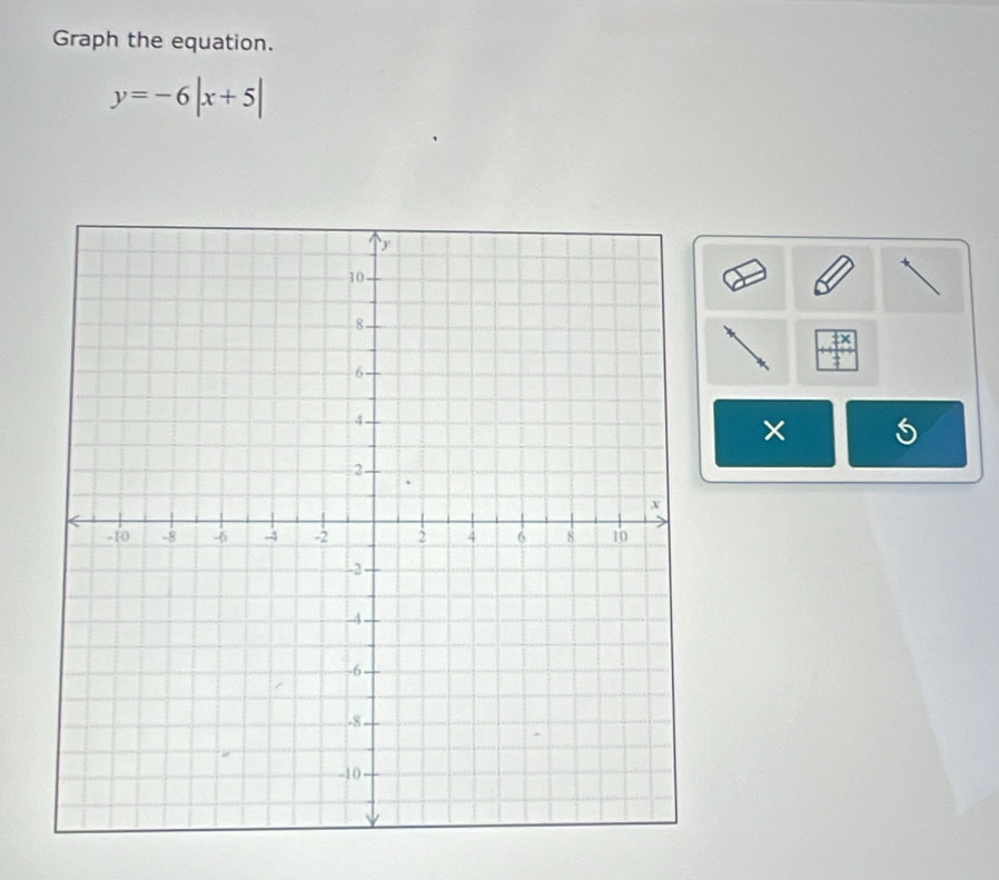 Graph the equation.
y=-6|x+5|
×