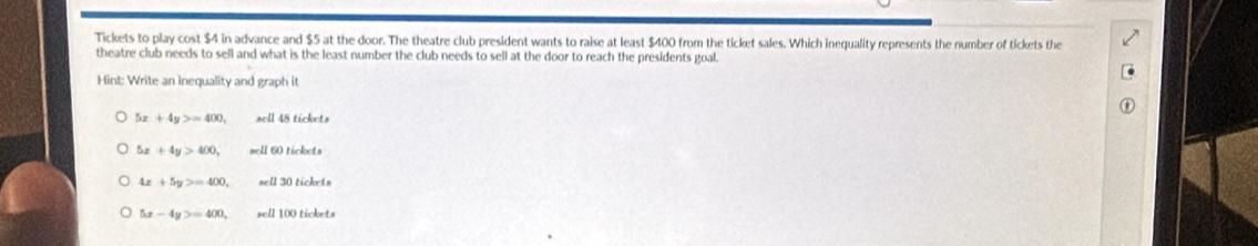 Tickets to play cost $4 in advance and $5 at the door. The theatre club president wants to raise at least $400 from the ticket sales. Which inequality represents the number of tickets the
theatre club needs to sell and what is the least number the club needs to sell at the door to reach the presidents goal.
Hint: Write an inequality and graph it
5x+4y>=400, sell 48 tickets
5x+4y>400, sell 60 tickets
4x+5y>=400, sell 30 tickets
5x-4y>=400, entl100tickrt