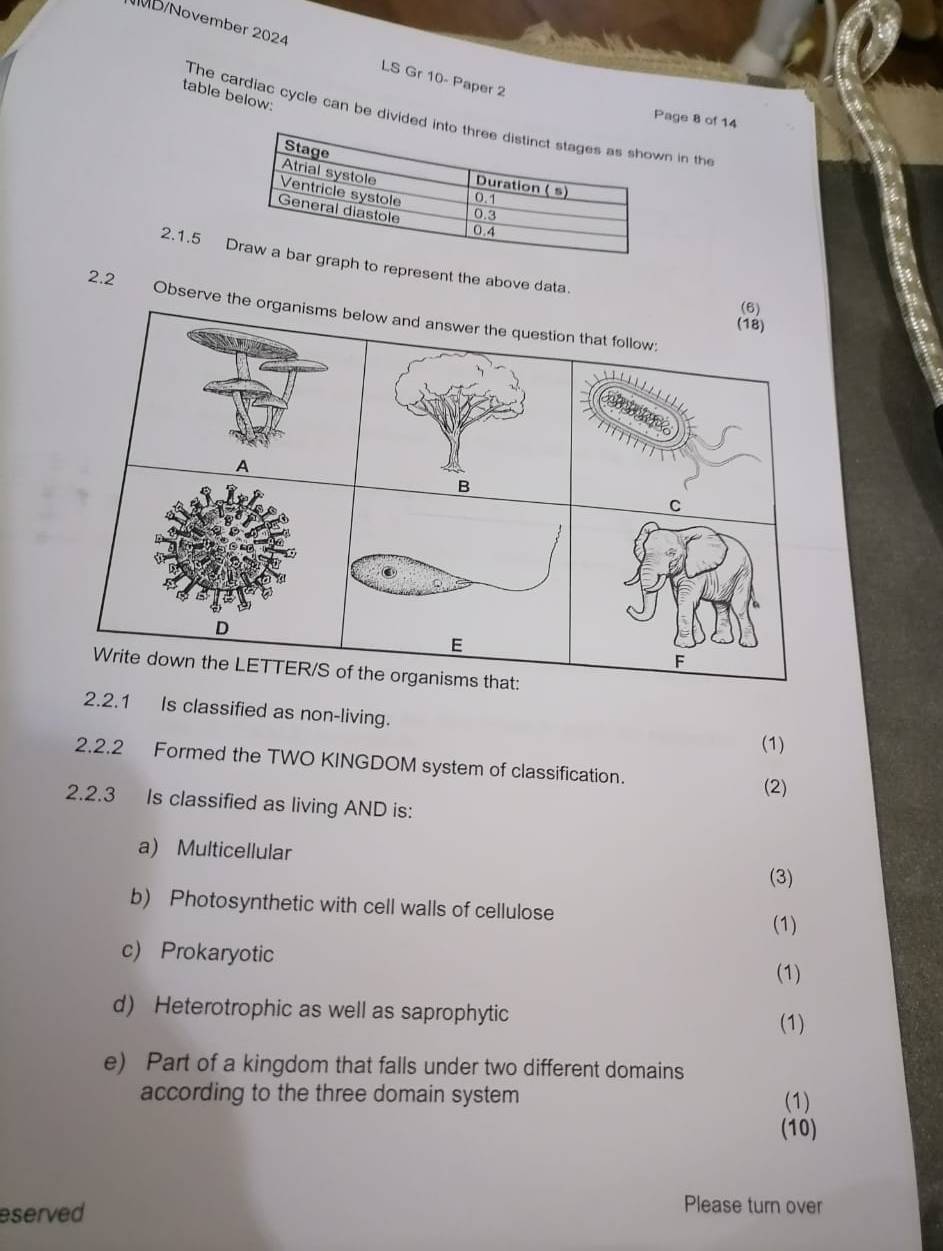 MB/November 2024 LS Gr 10- Paper 2 
table below: 
The cardiac cycle can be dividin th 
Page 8 of 14 
2.1.5 to represent the above data. 
(6) 
2.2 Observe the organisms below and answer the question that follow: 
(18) 
A 
B 
C 
D 
E 
F 
Write down the LETTER/S of the organisms that: 
2.2.1 Is classified as non-living. 
(1) 
2.2.2 Formed the TWO KINGDOM system of classification. (2) 
2.2.3 Is classified as living AND is: 
a) Multicellular 
(3) 
b) Photosynthetic with cell walls of cellulose 
(1) 
c) Prokaryotic 
(1) 
d) Heterotrophic as well as saprophytic 
(1) 
e) Part of a kingdom that falls under two different domains 
according to the three domain system (1) 
(10) 
eserved 
Please turn over