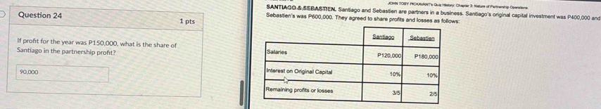 JOHN TOBY PICXAVANT's Quiz Hiatory: Chapler 3: Nature of Partnership Operationa
SANTIAGO & SEBASTIEN. Santiago and Sebastien are partners in a business. Santiago's original capital investment was P400,000 and
Question 24 1 pts
Sebastien's was P600,000. They agreed to share profits and losses as follows
If profit for the year was P150,000, what is the share of
Santiago in the partnership proft?
90,000