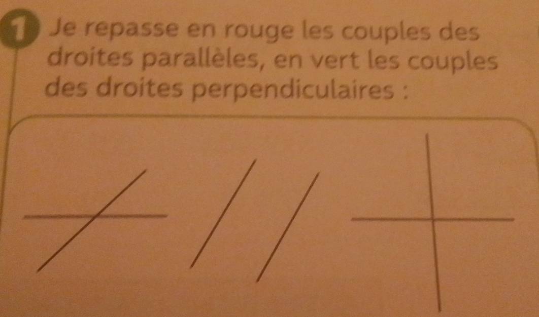 Je repasse en rouge les couples des 
droites parallèles, en vert les couples 
des droites perpendiculaires :