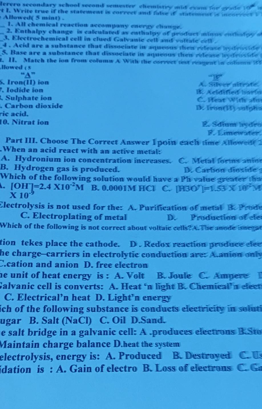 Solved: lerero secondary school second semester chemistry mid exam for ...