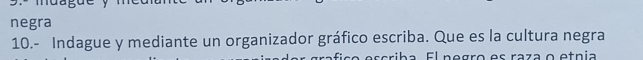 negra 
10.- Indague y mediante un organizador gráfico escriba. Que es la cultura negra 
arib a El nogro es raza o etnia