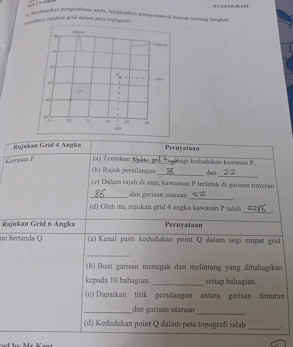 Rab 2 Latíban 
F2 GEOGRAFI 
Berdasarkan pengetahuan anda, lengkapkan pernyataan di bawah tentang langkah 
membaca rujukan grid dalam peta topografi. 
Utaran
0
Tínsuran
89
88
。
- 075
87
P
86
85
21 22 23 24 25 26
245
Rujukan Grid 4 Angka 
Pernyataan 
Kawasan P (a) Tentukan_ bagi kedudukan kawasan P. 
_ 
(b) Rujuk persilangan_ dan 
(c) Dalam rajah di atas, kawaasan P terletak di garisan timuran 
_dan garisan utaraan 
_. 
(d) Oleh itu, rujukan grid 4 angka kawasan P ialah 
_. 
Rujukan Grid 6 Angka Pernyataan 
int bertanda Q (a) Kenal pasti kedudukan point Q dalam segi empat grid 
_ 
(b) Buat garisan menegak dan melintang yang dibahagikan 
kepada 10 bahagian. _setiap bahagian. 
(c) Dapatkan titik persilangan antara garisan timuran 
_dan garisan utaraan_ 
; 
(d) Kedudukan point Q dalam peta topografi ialah 
_.
Mn V