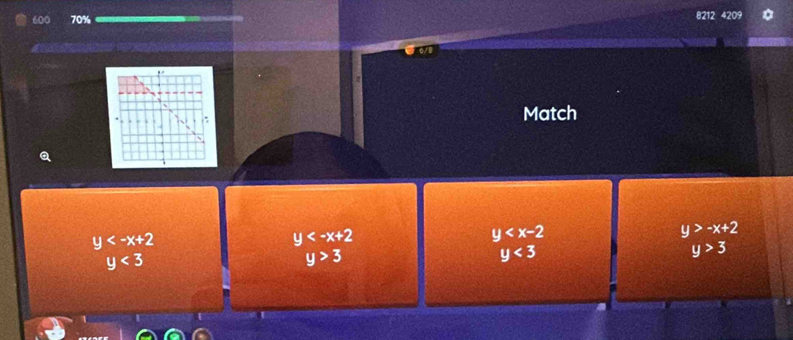 600 70% 
82 4209 
Match 
Q
y
y
y
y>-x+2
y<3</tex>
y>3
y<3</tex>
y>3