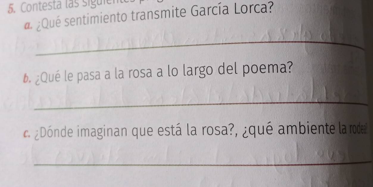 Contesta las siguiente. 
d ¿Qué sentimiento transmite García Lorca? 
_ 
. ¿Qué le pasa a la rosa a lo largo del poema? 
_ 
c¿Dónde imaginan que está la rosa?, ¿qué ambiente la rodea 
_