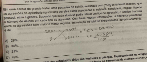 Tipos de agressões sofridas pelos alunos
Em uma escola da grande Natal, uma pesquisa de opinião realizada com 2524 estudantes mostrou que
as agressões de cyberbullying sofridas por eles estão associadas a: estatura, obesidade, religião, higiene
pessoal, etnia e gênero. Supondo que cada aluno só podia relatar um tipo de agressão, o Gráfico 1 mostra
o número de alunos em cada tipo de agressão. Com base nessas informações, a diferença percentual
entre as agressões com maior e menor registro, em relação ao total de entrevistados, aproximadamente,
é de
A) 29%.
B) 34%.
C) 21%.
D) 49%.
dos refugiados sírios são mulheres e crianças. Representando os refugias
andente ao percentual de mulheres e criança