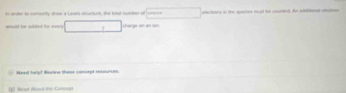 In arder to correctly draw a Lewis structure, the total number of vatence electrons in the species must be counted. An addilional elecean 
would be added for every charge on an ion. 
Need help? Review these concept resources. 
[] Read About she Concept