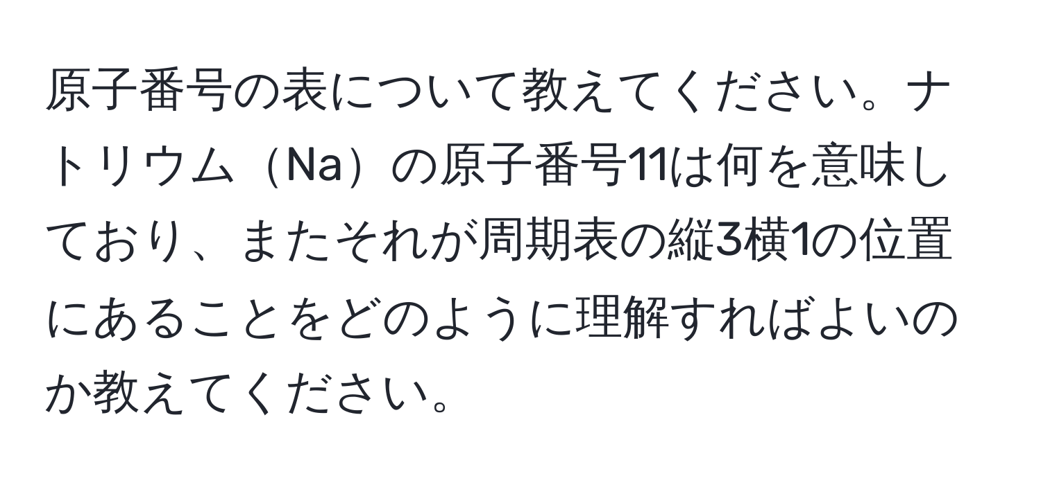 原子番号の表について教えてください。ナトリウムNaの原子番号11は何を意味しており、またそれが周期表の縦3横1の位置にあることをどのように理解すればよいのか教えてください。