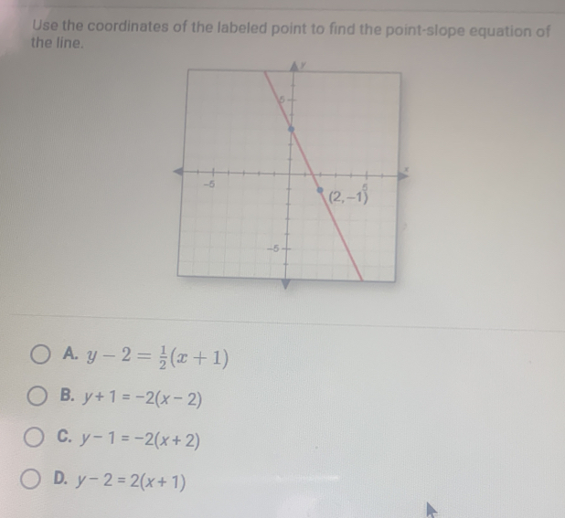 Use the coordinates of the labeled point to find the point-slope equation of
the line.
A. y-2= 1/2 (x+1)
B. y+1=-2(x-2)
C. y-1=-2(x+2)
D. y-2=2(x+1)