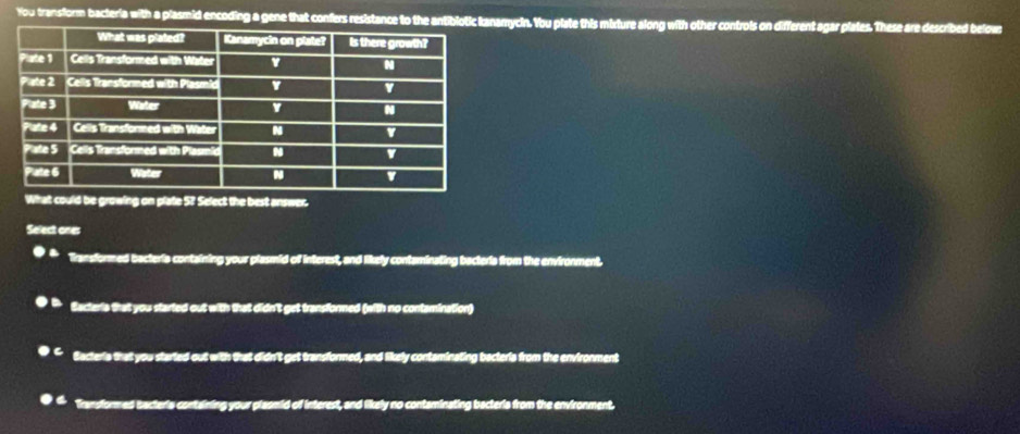 You transform bacteria with a plasmid encoding a gene that confers resistance to the antibiotic kanamycin. You plate this mirture along with other controls on different agar plates. These are described below
What could be growing on plate 5? Select the best answer.
Select ones
Transformed bacteria containing your plasmid of interest, and likely contaminating bacteria from the environment.
Bacteria that you started out with that didn't get transionned (with no contamination)
Bacteria that you started out with that didn't get transformed, and likely contaminating bacteria from the environment
Transformed bacteria containing your plasmid of interest, and likely no contaminating bacteris from the environment.