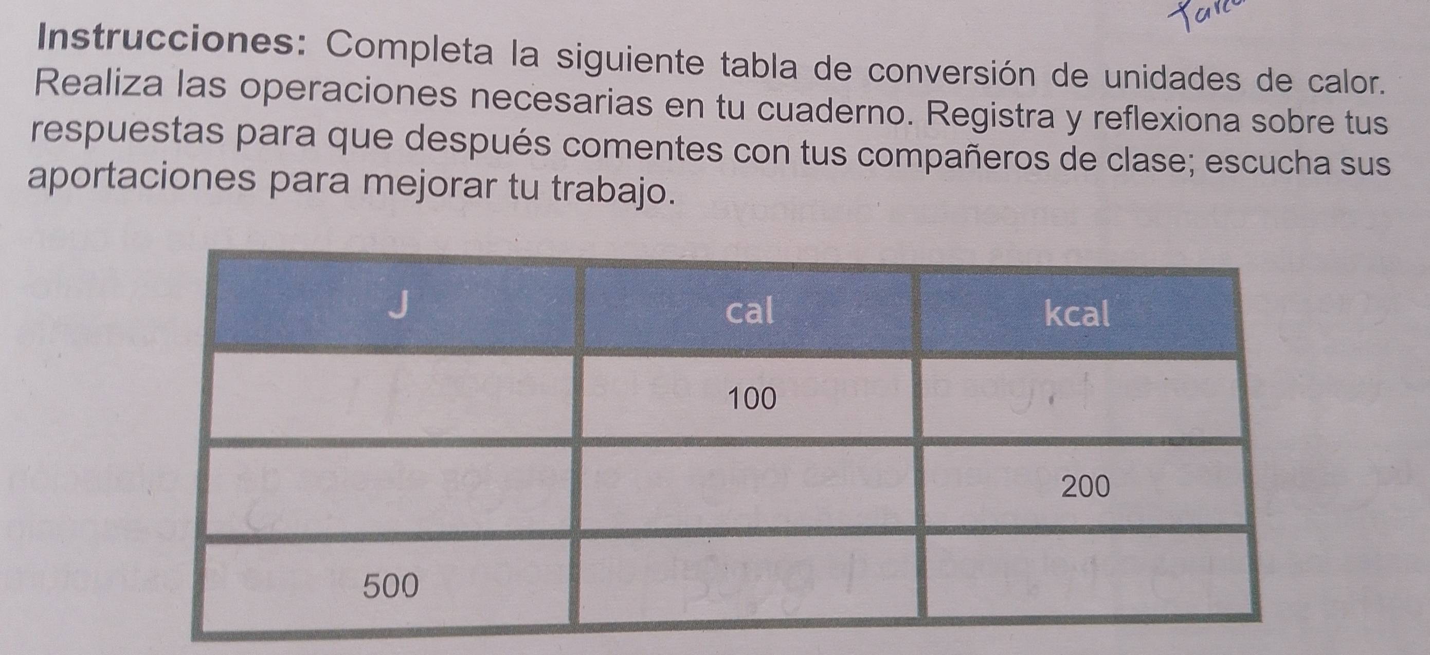 Instrucciones: Completa la siguiente tabla de conversión de unidades de calor. 
Realiza las operaciones necesarias en tu cuaderno. Registra y reflexiona sobre tus 
respuestas para que después comentes con tus compañeros de clase; escucha sus 
aportaciones para mejorar tu trabajo.