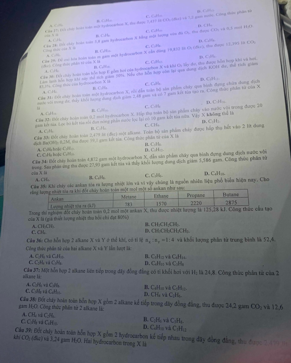 D. C₅H₁2
A. C₃H₂ B. C₅H₁0. C. C₄H15
Câu 27: Đối chảy hoàn toàn một hydrocarbon X, thu được 7,437 Ht 6 CO_2(dke) ) và 7,2 gam nước. Công thức phân từ
của X là D. CH₄. mol H_1O.
O_2 , thu được CO_2 và 0.5
A. C₂H₆ B. C₃H₈. C. CaH10.
D. C₄H₂.
Công thức của X là  Câu 28: Đốt chảy hoàn toàn 5,8 gam hydrocarbon X bằng một lượng vừa đủ
C. C₃Hx.
B. C₄H₁0.
Câu 29: Để oxi hóa hoàn toàn m gam một hydrocarbon X cần dùng 19,832 lít O: (đkc), thu được 12,395 lit CO_2
A. C₃H₆.
D. C₂H₆.
(đkc). Công thức phần tử của X là C. C₃H12.
Câu 30: Đốt cháy hoàn toàn hỗn hợp E gồm hơi của hydrocarbon X và khí O₂ lấy dư, thu được hỗn hợp khi và hơi.
A. C₃H₈ B. C₄H₁0.
Làm lạnh hỗn hợp khí này thể tích giảm 50%. Nếu cho hỗn hợp còn lại qua dung dịch KOH dư, thể tích giảm
D. C_5H_12.
83,3%. Công thức của hydrocarbon X là
A.C₃Ha B. C₃H₈. C. C _4H g .
Câu 31: Đốt cháy hoàn toàn một hydrocarbon X, rồi dẫn toàn bộ sản phẩm cháy qua bình đựng chứa dung dịch
vước vôi trong dư, thấy khối lượng dung dịch giảm 2,48 gam và có 7 gam kết tủa tạo ra. Công thức phân tử của X
D. C_7H_10
là
A.CsH₁s. B. C₆H14. C. C₇H₃
Câu 32: Đốt cháy hoàn toàn 0,2 mol hydrocarbon X. Hấp thụ toàn bộ sản phẩm cháy vào nước vội trong được 20
gam kết tủa. Lọc bỏ kết tủa rồi đun nóng phần nước lọc lại có 10 gam kết tủa nữa. Vậy X không thể là
A. C_2H_6. B. C₂H₄. C. CH₄. D. C₂H₂.
Câu 33: Đốt cháy hoàn toàn 2,479 lít (đh c 0 một alkane. Toàn bộ sản phẩm cháy được hấp thụ hết vào 2 lít dung
dịch Ba(OH)₂ 0,2M, thu được 59,1 gam kết tủa. Công thức phân tử của X là
B. C_3H_8.
A. C3H₈ hoặc C₃H12. D. C₅H₁2.
C. C₃H8 hoặc C₄H₁0.
Câu 34: Đốt cháy hoàn toàn 4,872 gam một hydrocarbon X, dẫn sản phẩm cháy qua bình đựng dung dịch nước vôi
trong. Sau phản ứng thu được 27,93 gam kết tủa và thấy khối lượng dung dịch giảm 5,586 gam. Công thức phân tử
của X là
A. CH_4. B. C₄H₈. C. C₃H₆. D. C4H10.
Câu 35: Khi cháy các ankan tỏa ra lượng nhiệt lớn và vì vậy chúng là nguồn nhiên liệu phổ biến hiện nay. Cho
Trong thí nghiệm đốt cháy hoàn toàn 0,2 mol một ankan X, thạo
của X là (giả thiết lượng nhiệt thu hồi chỉ đạt 80%)
A. CH₃CH₃.
B. CH_3CH_2CH_3.
C. CH₄.
D. CH_3CH_2CH_2CH_3.
Câu 36: Cho hỗn hợp 2 alkane X và Y ở thể khí, có tỉ lệ n_x:n_y=1:4 và khối lượng phân tử trung bình là 52,4.
Công thức phân tử của hai alkane X và Y lần lượt là:
A. C_2H_6 và C_4H_10. B. C_5H_12 và C_6H_14.
C. C_2H_6 và C_3H_8. D. C_4H_10 và C_3H_8
Câu 37: Một hỗn hợp 2 alkane liên tiếp trong dãy đồng đẳng có tỉ khối hơi với H_2 là 24,8. Công thức phân tử của 2
alkane là:
A. C_2H_6 và C₃H₈. B. C_4H_10 và C_5H_12.
C. C_3H_8 và C_4H_10. D. CH_4 và C_2H_6.
Câu 38: Đốt cháy hoàn toàn hỗn hợp X gồm 2 alkane kế tiếp trong dãy đồng đẳng, thu được 24,2 gam CO_2 và 12,6
gam H_2O Công thức phân tử 2 alkane là:
A. CH_4 và C_2H_6.
B. C_2H_6 và C_3H_8.
C. C_3H_8 và C_4H_10. D. C_4H_10 và C_5H_12
Câu 39: Đốt cháy hoàn toàn hỗn hợp X gồm 2 hydrocarbon kế tiếp nhau trong dãy đồng đẳng, thu được 2,479 Ht CO_2
khí (dkc) và 3,24 gam H_2O. Hai hydrocarbon trong X là