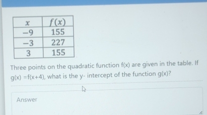 Three points on the quadratic function f(x) are given in the table. If
g(x)=f(x+4) , what is the y- intercept of the function g(x) 7
Answer