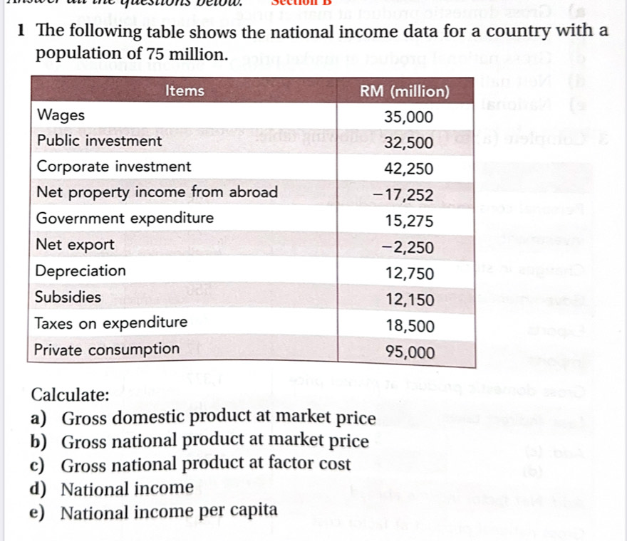 gucstons détow. 
1 The following table shows the national income data for a country with a 
population of 75 million. 
Calculate: 
a) Gross domestic product at market price 
b) Gross national product at market price 
c) Gross national product at factor cost 
d) National income 
e) National income per capita