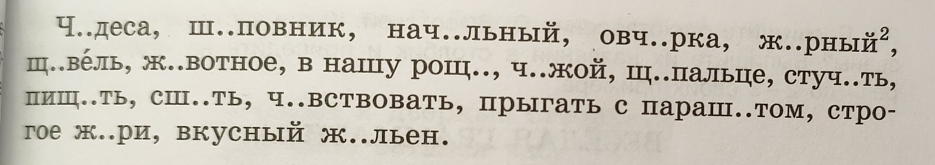 Ч..деса, Ⅲ.повник, нач.льный, овч..рка, ж..рный², 
ш..вель, ж..вотное, в нашу рош.., ч..жой, Ш..пальце, стуч..ть, 
пиⅢ..ть, сⅢ..ть, ч..вСтвовать, прыгать с параⅢ..том, стро- 
гrое ж..ри, вкусный ж..льен.