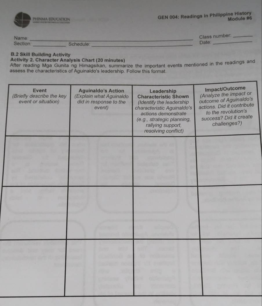 GEN 004: Readings in Philippine History 
PHINMA EDUCATION Module #6 
Name:_ 
_ 
Class number:_ 
Section:_ Schedule:_ 
Date:_ 
B.2 Skill Building Activity 
Activity 2. Character Analysis Chart (20 minutes) 
After reading Mga Gunita ng Himagsikan, summarize the important events mentioned in the readings and 
assess the characteristics of Aguinaldo's leadership. Follow this format. 
r 
's 
te 
e