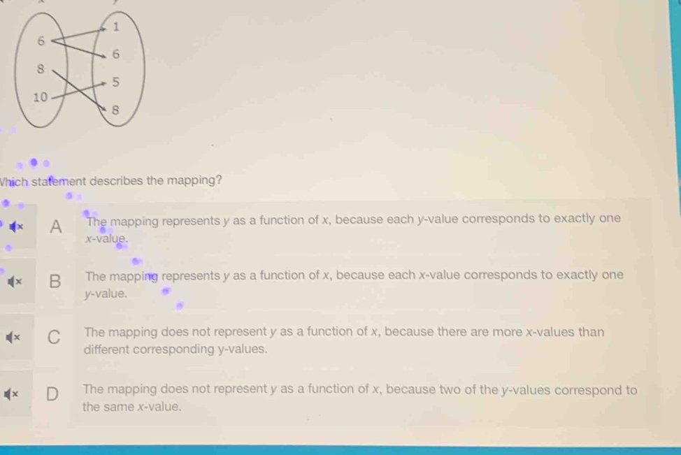 Which statement describes the mapping?
x A The mapping represents y as a function of x, because each y -value corresponds to exactly one
x -value.
4 B The mapping represents y as a function of x, because each x -value corresponds to exactly one
y -value.
C The mapping does not represent y as a function of x, because there are more x -values than
different corresponding y -values.
The mapping does not represent y as a function of x, because two of the y -values correspond to
the same x -value.