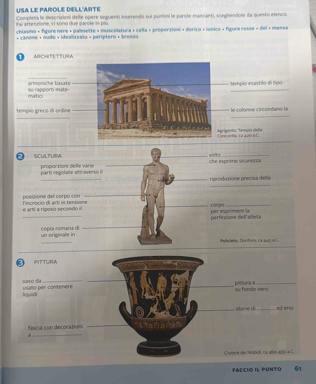 USA LE PAROLE DELL'ARTE 
Completa le descrizioni delle opere seguenti inserendo sui puntini le parole mancanti, scegliendole da questo elenco. 
Fai attenzione, ci sono due parole in più. 
chiasmo • figure nere • palmette • muscolatura • cella + proporzioni + dorico + ionico « figure rosse » dei « mensa 
cánone • nudo • idealizzato • periptero • bronzo 
ARCHITETTURA 
armoniche basate 
tempio esastilo di tipo 
su rapporti mate- 
_ 
matici 
_ 
tempio greco di ordinele colonne circondano la 
_ 
grigento, Tempio della 
oncordia, ca 420 a.C. 
2 SCULTURA volto_ 
proporzioni delle varie che esprime sicurezza 
parti regolate attraverso il 
_ 
riproduzione precisa della 
_ 
posizione del corpo con_ 
l'incrocio di arti in tensione corpo_ 
e arti a riposo secondo il 
_ 
per esprimere la 
perfezione dell’atleta 
copia romana di_ 
un originale in 
_ 
Policleto, Doriforo, ca 445 a.C. 
I PITTURA 
vaso da_ 
_ 
usato per contenere _pittura a_ 
su fondo nero 
liquidi 
_storie di _ed eroi 

fascia con decorazioni_ 
a 
_ 
Cratere dei Niòbidi, ca 460-450 a.C. 
FACCIO IL PUNTO 61