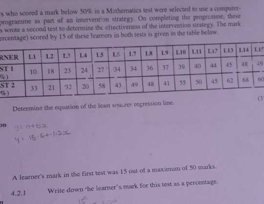 rs who scored a mark below 50% in a Mathematics test were selected to use a computer- 
programme as part of an intervention strategy. On completing the programme, these 
s wrote a second test to determine the eftectiveness of the intervention strategy. The mark 
ercentage) scored by 15 of these learners in both tests is given in the table below. 
R5
S9
%
S0
%
3) 
Determine the equation of the least squares regression line. 
on 
A learner's mark in the first test was 15 out of a maximum of 50 marks. 
4.2.1 Write down the learner’s mark for this test as a percentage.