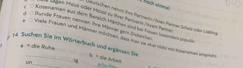 hoch einmal. 
* s aen Maus oder Mausi zu ihrer Partnerin /ihrem Partn 
Deutschen nennt ihre Partnerin /ihren Partner Schøtz oder Liebling 
C Kosenamen aus dem Bereich Märchen sind bei Frauen besonders populä 
d Runde Frauen nennen ihre Männer gern Dickerchen 
e Viele Frauen und Männer möchten, dass man sie eher nicht mit Kosenamen anspricht 
14 Suchen Sie im Wörterbuch und ergänzen Sie 
a 。 die Ruhe 
_ 
_b die Arbeit 
un 
ig