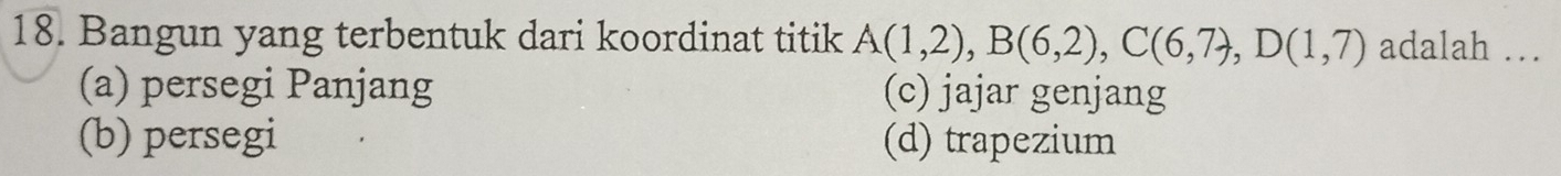 Bangun yang terbentuk dari koordinat titik A(1,2), B(6,2), C(6,7), D(1,7) adalah …
(a) persegi Panjang (c) jajar genjang
(b) persegi (d) trapezium