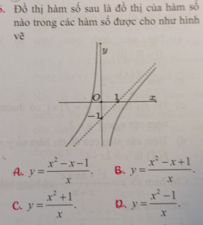 Đồ thị hàm số sau là đồ thị của hàm số
nào trong các hàm số được cho như hình
về
A.. y= (x^2-x-1)/x . B. y= (x^2-x+1)/x .
C. y= (x^2+1)/x . y= (x^2-1)/x .
D.