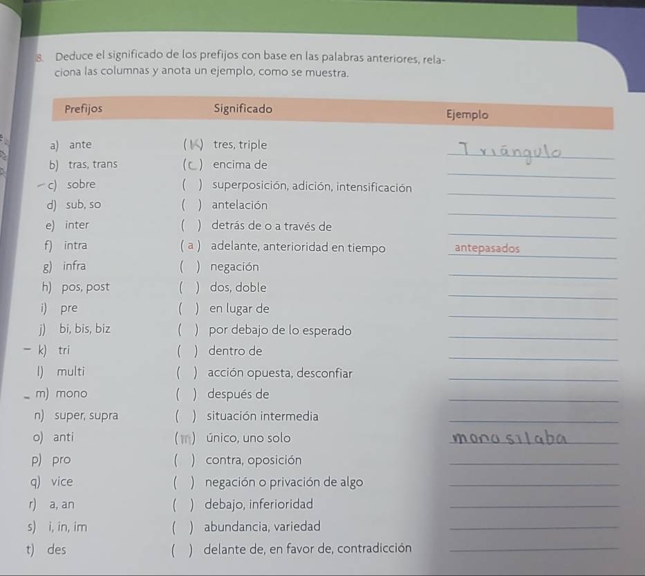 Deduce el significado de los prefijos con base en las palabras anteriores, rela- 
ciona las columnas y anota un ejemplo, como se muestra. 
- 
_ 
t) des  ) delante _