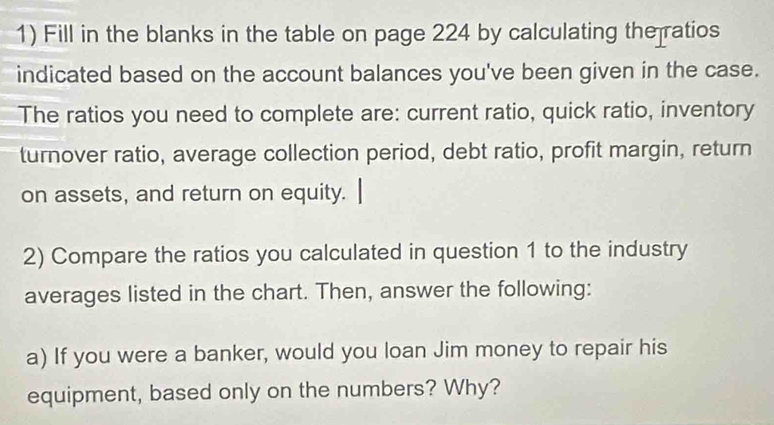 Fill in the blanks in the table on page 224 by calculating the ratios 
indicated based on the account balances you've been given in the case. 
The ratios you need to complete are: current ratio, quick ratio, inventory 
turnover ratio, average collection period, debt ratio, profit margin, return 
on assets, and return on equity. 
2) Compare the ratios you calculated in question 1 to the industry 
averages listed in the chart. Then, answer the following: 
a) If you were a banker, would you loan Jim money to repair his 
equipment, based only on the numbers? Why?