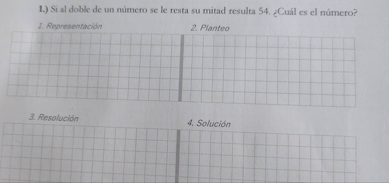 1.) Si al doble de un número se le resta su mitad resulta 54. ¿Cuál es el número?
1. Representación 2. Planteo
3. Resolución 4. Solución