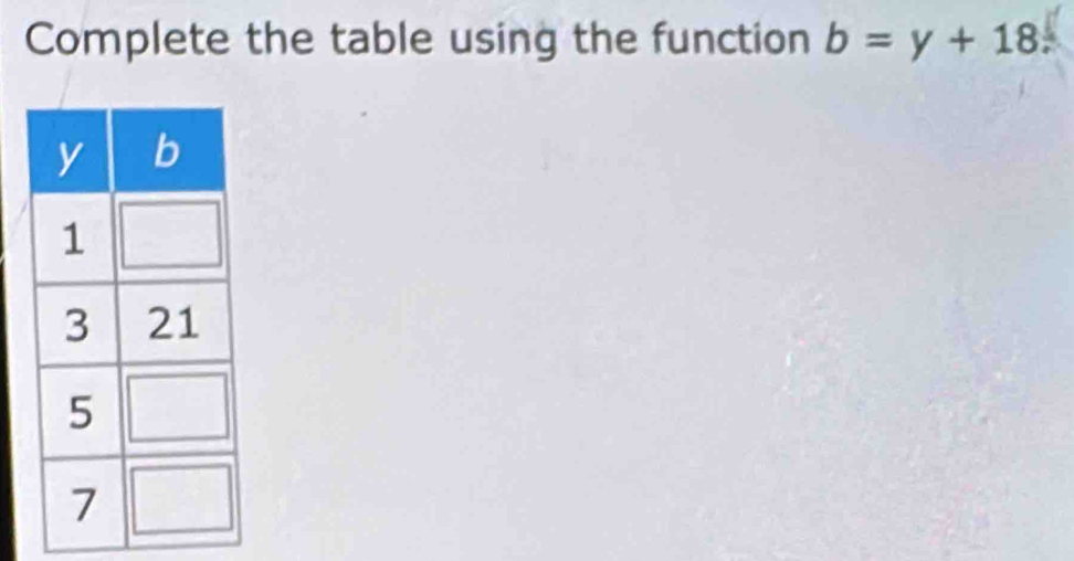 Complete the table using the function b=y+18