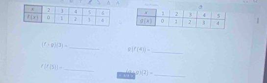 (f· g)(3)= _
_ (f(4))=
f(f(5))= _
1/3 (g· g)(2)= _