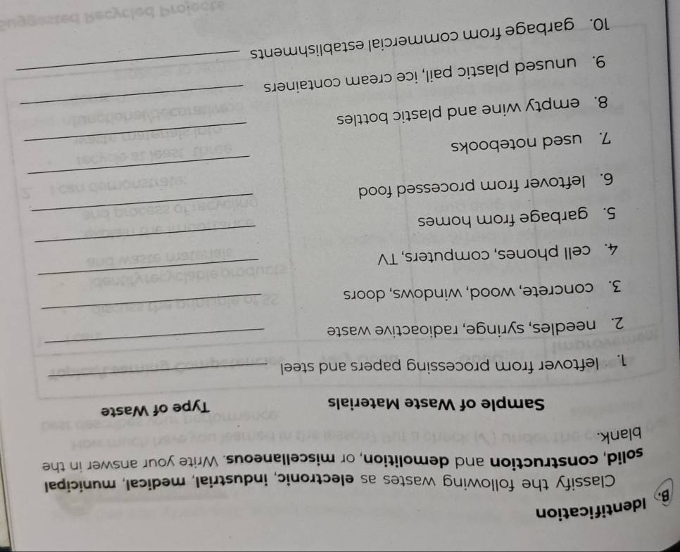 BIdentification 
Classify the following wastes as electronic, industrial, medical, municipal 
solid, construction and demolition, or miscellaneous. Write your answer in the 
blank. 
Sample of Waste Materials 
Type of Waste 
1. leftover from processing papers and steel 
_ 
2. needles, syringe, radioactive waste 
_ 
3. concrete, wood, windows, doors 
_ 
_ 
4. cell phones, computers, TV 
_ 
_ 
5. garbage from homes 
_ 
6. leftover from processed food 
7. used notebooks 
_ 
8. empty wine and plastic bottles_ 
9. unused plastic pail, ice cream containers_ 
10. garbage from commercial establishments