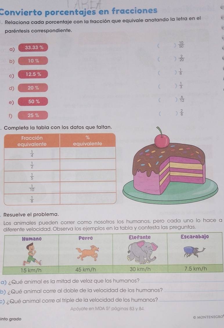 Convierto porcentajes en fracciones
. Relaciona cada porcentaje con la fracción que equivale anotando la letra en el
paréntesis correspondiente.
)  10/50 
a) 33.33 %
b) 10 %
( )  2/20 
c) 12.5 %
( )  1/8 
d) 20 %
 )  1/3 
e) 50 %
(   6/12 
f) 25 %
( )  2/8 . Completa la tabla con los datos que faltan.
Resuelve el problema.
Los animales pueden correr como nosotros los humanos, pero cada uno lo hace a
diferente velocidad. Observa los ejemplos en la tabla y contesta las preguntas.
Humano Perro Elefante Escarabajo
15 km/h 45 km/h 30 km/h 7.5 km/h
a) ¿Qué animal es la mitad de veloz que los humanos?_
b) ¿ Qué animal corre al doble de la velocidad de los humanos?_
c) ¿Qué animal corre al triple de la velocidad de los humanos?_
Apóyate en MDA 5° páginas 83 y 84.
into grado
© MONTENEGRO