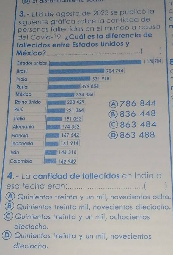 Dy El aistancrame
n
3. - El 8 de agosto de 2023 se publicó la C
siguiente gráfica sobre la cantidad de C
personas fallecidas en el mundo a causa n
del Covid- 19. ¿Cuál es la diferencia de
fallecidos entre Estados Unidos y
México?_
1 
C
r
4. - La cantidad de fallecidos en India a
esa fecha eran:_
A Quinientos treinta y un mil, novecientos ocho.
B Quinientos treinta mil, novecientos dieciocho.
C Quinientos treinta y un mil, ochocientos
dieciocho.
D Quinientos treinta y un mil, novecientos
dieciocho.