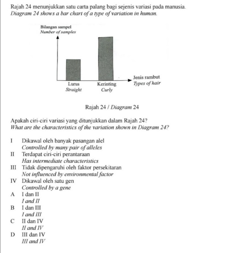 Rajah 24 menunjukkan satu carta palang bagi sejenis variasi pada manusia.
Diagram 24 shows a bar chart of a type of variation in human.
Rajah 24 / Diagram 24
Apakah ciri-ciri variasi yang ditunjukkan dalam Rajah 24?
What are the characteristics of the variation shown in Diagram 24?
I Dikawal oleh banyak pasangan alel
Controlled by many pair of alleles
II Terdapat ciri-ciri perantaraan
Has intermediate characteristics
III Tidak dipengaruhi oleh faktor persekitaran
Not influenced by environmental factor
IV Dikawal oleh satu gen
Controlled by a gene
A I dan II
I and II
B I dan III
I and III
C II dan IV
II and IV
D III dan IV
III and IV