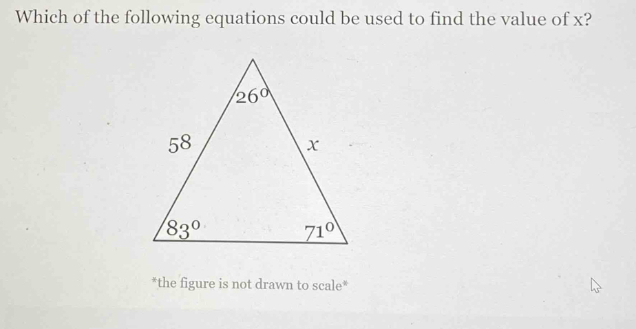 Which of the following equations could be used to find the value of x?
*the figure is not drawn to scale*