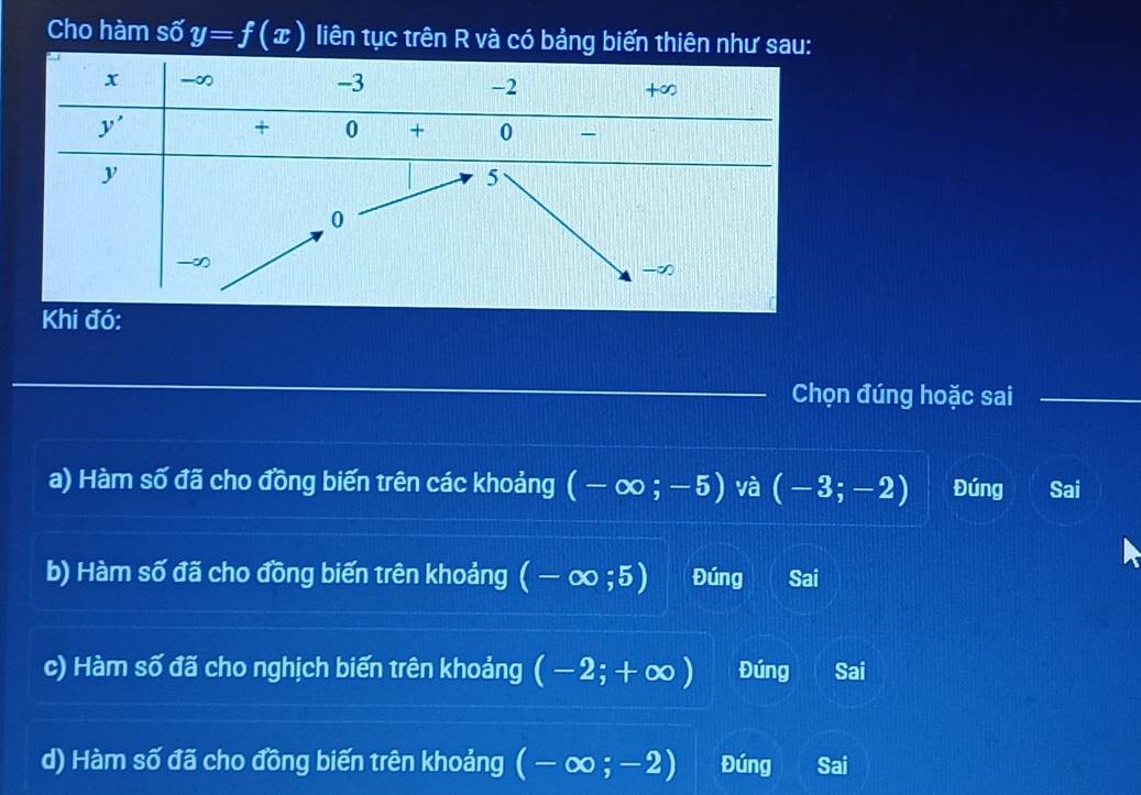 Cho hàm số y=f(x) liên tục trên R và có bảng biến thiên như sa
Khi đó:
Chọn đúng hoặc sai
a) Hàm số đã cho đồng biến trên các khoảng (-∈fty ;-5) và (-3;-2) Đúng Sai
b) Hàm số đã cho đồng biến trên khoảng (-∈fty ;5) Đúng Sai
c) Hàm số đã cho nghịch biến trên khoảng (-2;+∈fty ) Đúng Sai
d) Hàm số đã cho đồng biến trên khoảng (-∈fty ;-2) Đúng Sai