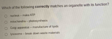 Which of the following correctly matches an organelle with its function?
nucleus - make ATP
mitochondria - photosynthesis
Golgi apparatus - manufacture of lipids
lysosome - break down waste materials