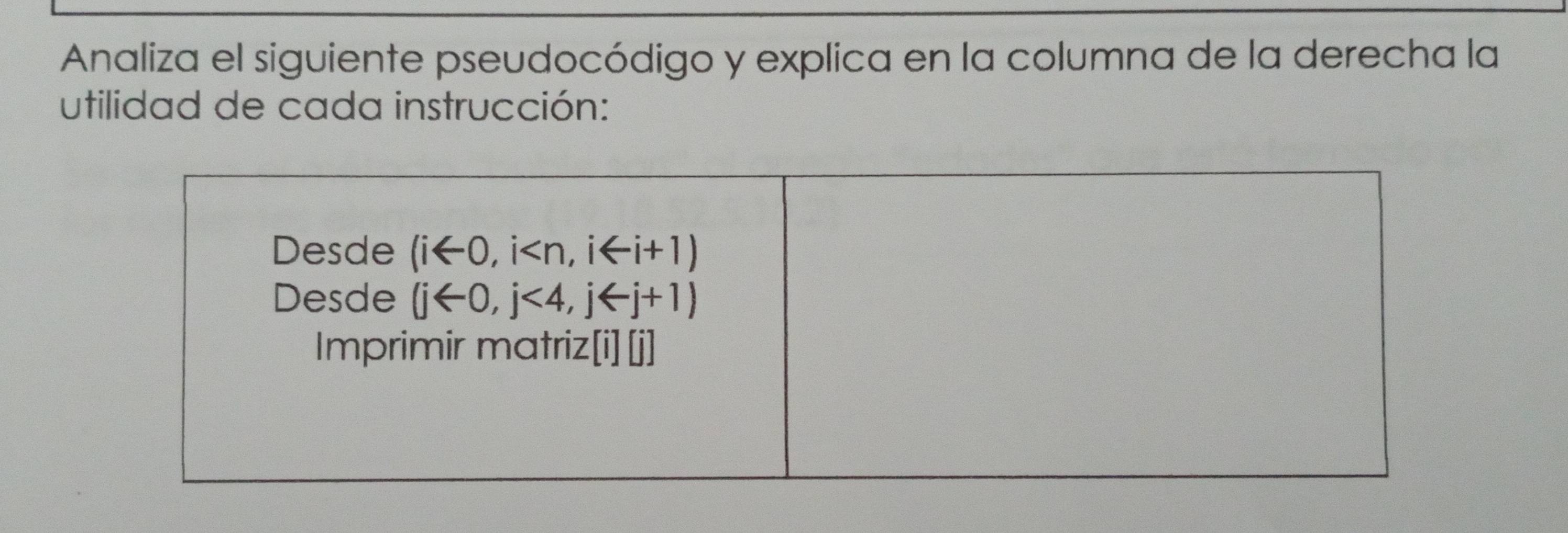 Analiza el siguiente pseudocódigo y explica en la columna de la derecha la
utilidad de cada instrucción: