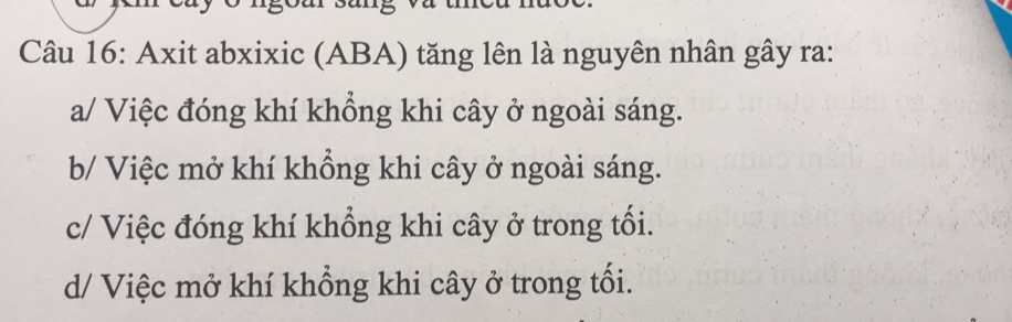 Axit abxixic (ABA) tăng lên là nguyên nhân gây ra:
a/ Việc đóng khí khổng khi cây ở ngoài sáng.
b/ Việc mở khí khổng khi cây ở ngoài sáng.
c/ Việc đóng khí khổng khi cây ở trong tối.
d/ Việc mở khí khổng khi cây ở trong tối.