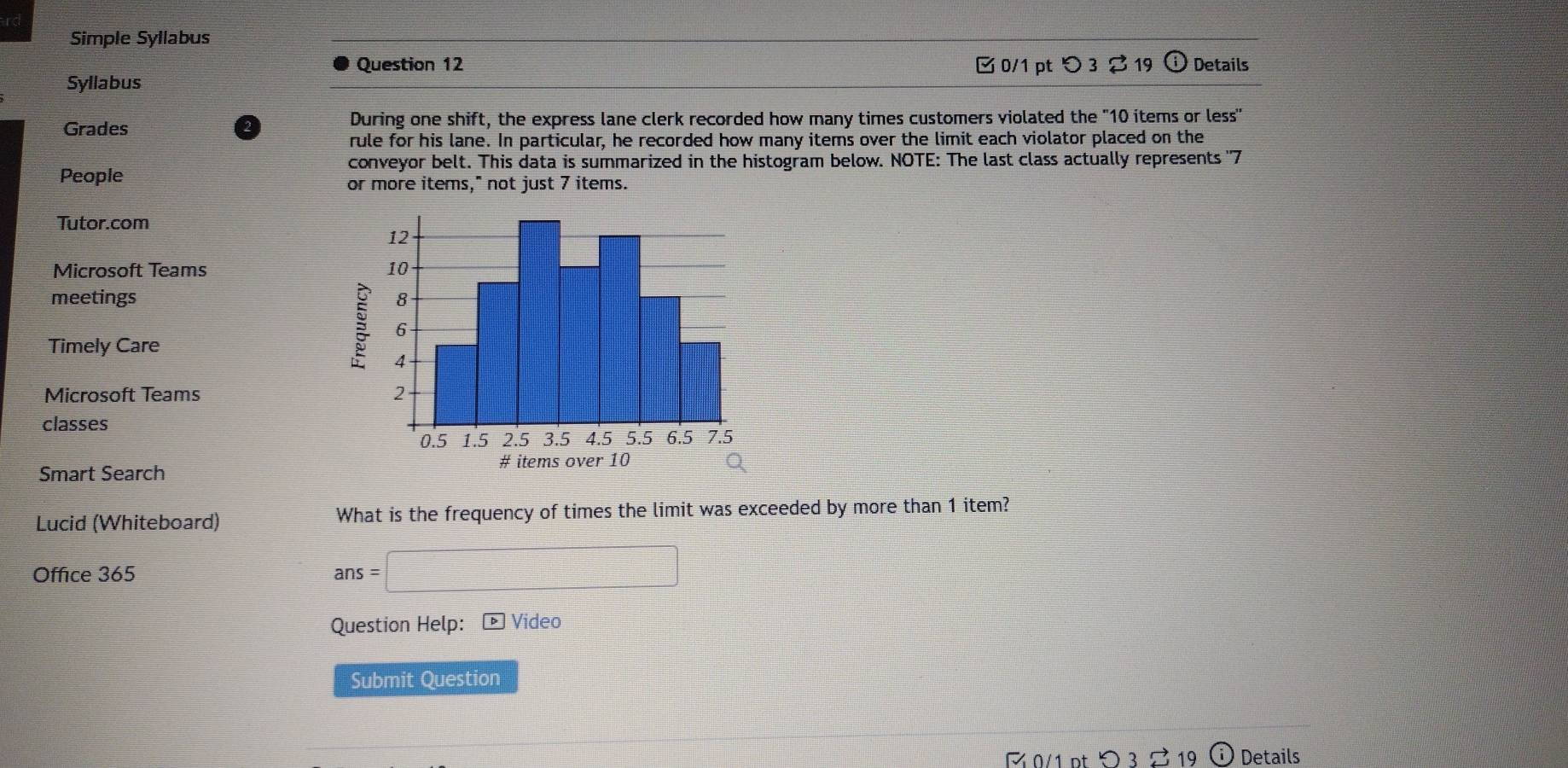 Simple Syllabus 
Question 12 0/1 pt つ 3 $ 19 Details 
Syllabus 
Grades During one shift, the express lane clerk recorded how many times customers violated the "10 items or less" 
rule for his lane. In particular, he recorded how many items over the limit each violator placed on the 
conveyor belt. This data is summarized in the histogram below. NOTE: The last class actually represents '' 7
People or more items," not just 7 items. 
Tutor.com 
Microsoft Teams 
meetings 
Timely Care 
Microsoft Teams 
classes 
Smart Search 
Lucid (Whiteboard) What is the frequency of times the limit was exceeded by more than 1 item? 
Office 365 
ans=□ 
Question Help: ▶ Video 
Submit Question 
0/1 pt り 3 B 19 Details