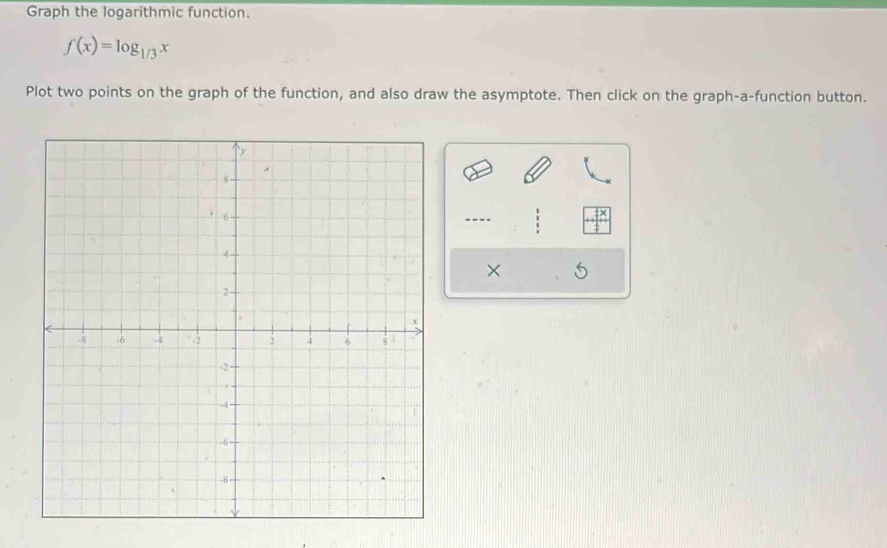 Graph the logarithmic function.
f(x)=log _1/3x
Plot two points on the graph of the function, and also draw the asymptote. Then click on the graph-a-function button. 
---- 
× 5