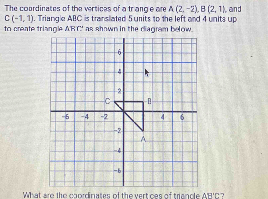 The coordinates of the vertices of a triangle are A(2,-2), B(2,1) , and
C(-1,1). Triangle ABC is translated 5 units to the left and 4 units up 
to create triangle A'B'C' as shown in the diagram below. 
What are the coordinates of the vertices of triangle A'B'C' ?