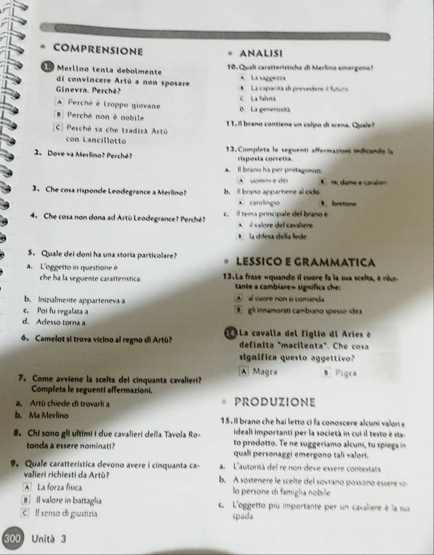 comprensione
ANALIsI
en Merlíno tenta debolmente 10. Quali caratteristiche di Merlino emergono?
di convincere Artù a non sposare A La saggerra
Ginevra, Perchè? La capacità di prevedere il fsturo
C La falvita
A Perché è troppo giovane
D La generosità
Perché non è nobile
11.ll brano contiene un colpo di ícena. Quale
Cj Perché sa che tradirà Artù
con Lancillotto
12.Completa le seguentí affermazioní indicando la
2. Dove va Merlino? Perché?
risposta corretta.
a. ll brano ha per protagonat
A vomíni e dei  re, dame e cavale
3. Che cosa risponde Leodegrance a Merlino? b. Il brano appartione al cic
A carolingio bretone
4. Che cosa non dona ad Artù Leodegrance? Perché? c. Il tema principale del brano é
A l valore del cavalière
B  la cífesa della fede
5. Quale dei doni ha una storia particolare?
a. L'oggetto in questione è
LESSICO E GRAMMATICA
che ha la seguente caratterística: 13.La frase «quando il cuore fa la sua scelta, é rilue
tante a cambiare» significa che:
b. Inizialmente apparteneva a
A al cuore non si comanda
c. Poi fu regalata a gli innamoratí cambiano spesso ídea
d. Adesso torna a
DLa cavalla del figlio di Aries é
6. Camelot si trova vicino al regno di Artù? definita "macilenta". Che cosa
significa questo aggettiv?
A Magra B Pigra
7. Come avviene la scelta del cinquanta cavalieri?
Completa le seguenti affermazioni.
a. Artù chiede di trovarli a * Produzione
b. Ma Merlino 15.Il brano che hai letto ci fa conoscere alcuni valori e
8. Chi sono gli ultimi i due cavalieri della Tavola Ro- ideali importanti per la società in cui il testo é sta
tonda a essere nominati?
to prodotto. Te ne suggeriamo alcuni, tu spiega in
quali personaggi emergono tali valori.
9. Quale caratterística devono avere i cinquanta ca- a. L'autorità del re non deve essere contestata
valieri richiesti da Artù? b. A sostenere le scelte del sovrano possoño essere so-
A La forza física lo persone di famiglia nobile
B]I valore in battaglia c.  L'oggetto più importante per un cavaliere é la sua
c] Il senso di giustizia spada
300 Unità 3