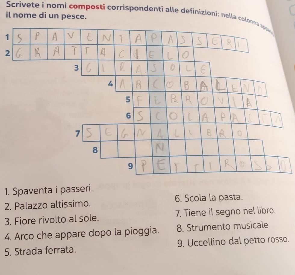 Scrivete i nomi composti corrispondenti alle definizioni: nella colo 
il nome di un pesce. 
1 
2 
1. Spaventa i passeri. 
6. Scola la pasta. 
2. Palazzo altissimo. 
3. Fiore rivolto al sole. 7. Tiene il segno nel libro. 
4. Arco che appare dopo la pioggia. 8. Strumento musicale 
5. Strada ferrata. 9. Uccellino dal petto rosso.