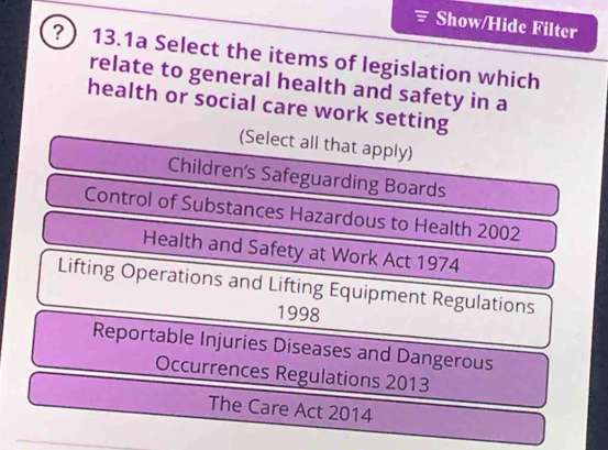 Show/Hide Filter
?) 13.1a Select the items of legislation which
relate to general health and safety in a
health or social care work setting
(Select all that apply)
Children's Safeguarding Boards
Control of Substances Hazardous to Health 2002
Health and Safety at Work Act 1974
Lifting Operations and Lifting Equipment Regulations
1998
Reportable Injuries Diseases and Dangerous
Occurrences Regulations 2013
The Care Act 2014