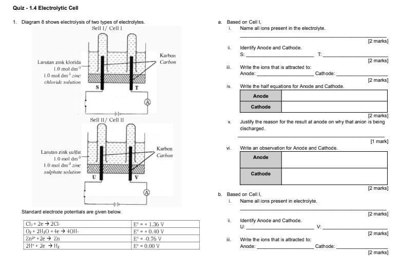 Quiz - 1.4 Electrolytic Cell
1. Diagram 8 shows electrolysis of two types of electrolytes. a. Based on Cell I.
i. Name all ions present in the electrolyte.
_
[2 marks]
ii. Identify Anode and Cathode.
S: _T:_
[2 marks]
iii. Write the ions that is attracted to:
Anode:
_Cathode_
iv. Write the half equations for Anode and Cathode. [2 marks]
[2 marks]
v. Justify the reason for the result at anode on why that anion is being
discharged .
_
[1 mark]
serde and Cathode
b. Based on Cell I,
i. Name all ions present in electrolyte.
_
Standard electrode potentials are given below. [2 marks]
Cl_2+2eto 2Cl-
ii. Identify Anode and Cathode.
E°=+1.36V
U:_
V:_
E°=+0.40V
O_2+2H_2O+4eto 4OH- [2 marks]
E°=-0.76V
Zn^(2+)+2eto Zn iii. Write the ions that is attracted to:
E°=0.00V
Anode
2H^++2eto H_2 _Cathode_
[2 marks]