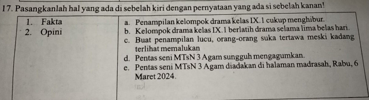 Pasangkanlah hal yang ada di sebelah kiri dengan pernyataan yang ada si sebelah kanan!
1. Fakta a. Penampilan kelompok drama kelas IX. 1 cukup menghibur.
2. Opini b. Kelompok drama kelas IX. 1 berlatih drama selama lima belas hari.
c. Buat penampilan lucu, orang-orang suka tertawa meski kadang
terlihat memalukan
d. Pentas seni MTsN 3 Agam sungguh mengagumkan.
e. Pentas seni MTsN 3 Agam diadakan di halaman madrasah, Rabu, 6
Maret 2024